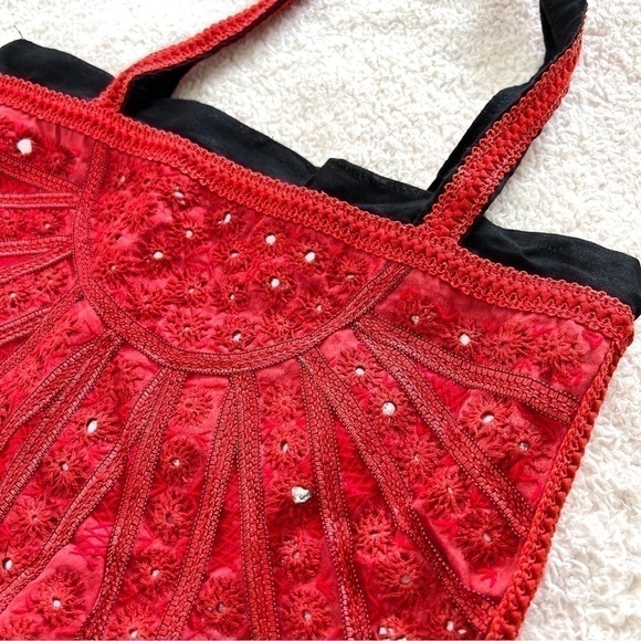 Handmade Red & Black Micro Mirror Boho Witchy Tote Bag - Picture 2 of 11